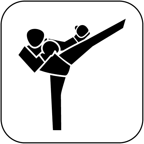 Schwarz-weißes Symbol eines Kämpfers, der einen hohen Kick ausführt.