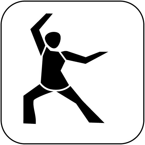 Minimalistische schwarze Silhouette einer Person in typischer Tai-Chi-Pose auf weißem Hintergrund.